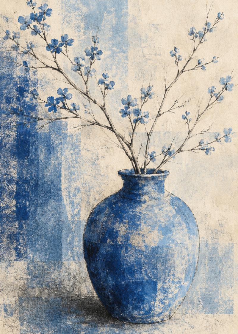 A cobalt blue ceramic vessel holding delicate flowering branches