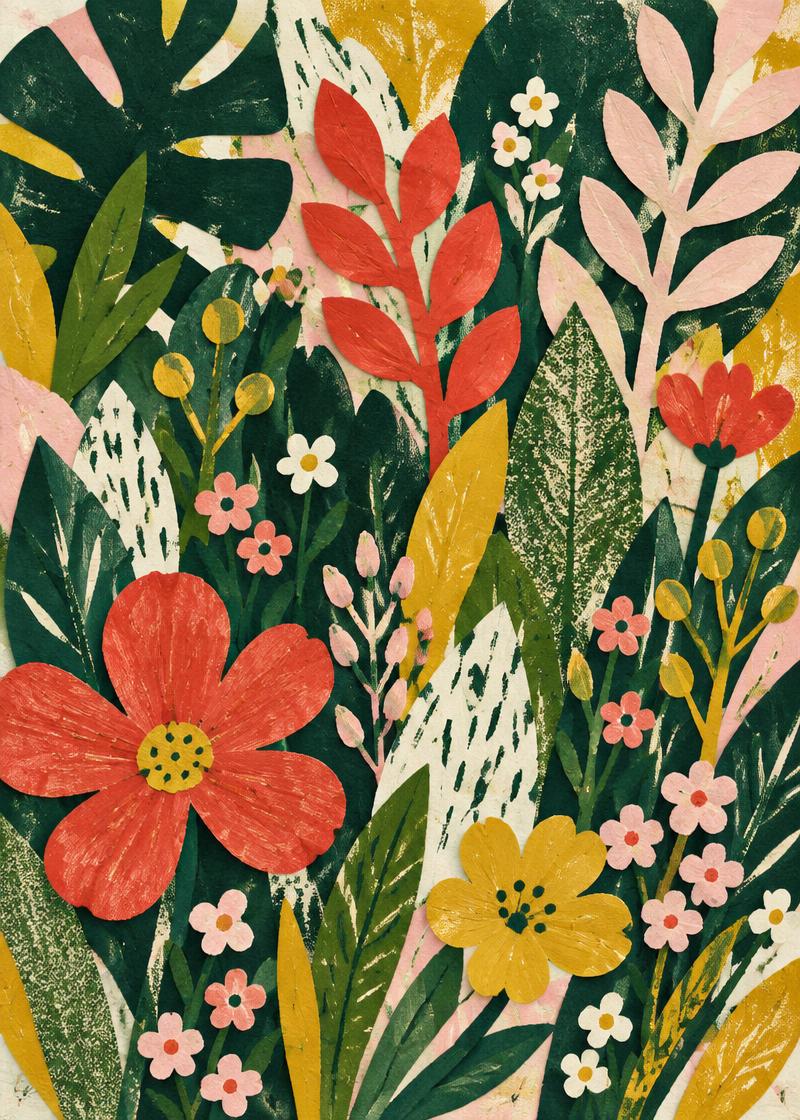 Colorful cut-paper flowers and leaves in coral, green, mustard, and blush