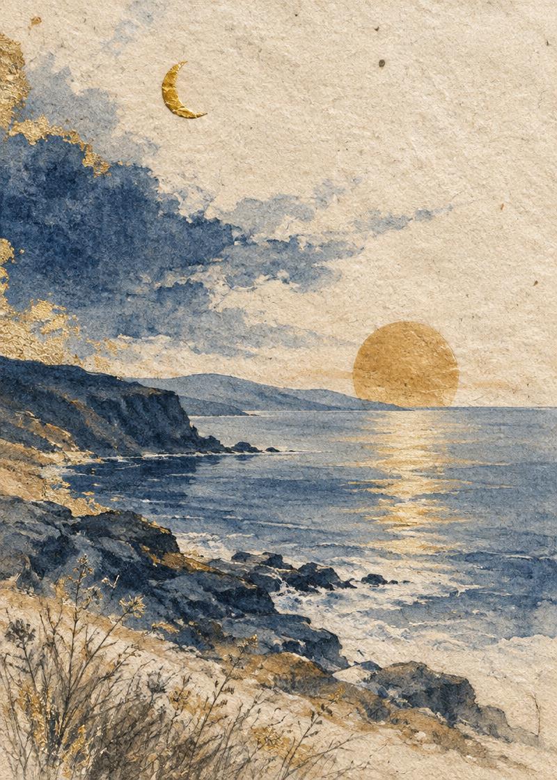 A gold moon and sun over an indigo coastal landscape on textured paper