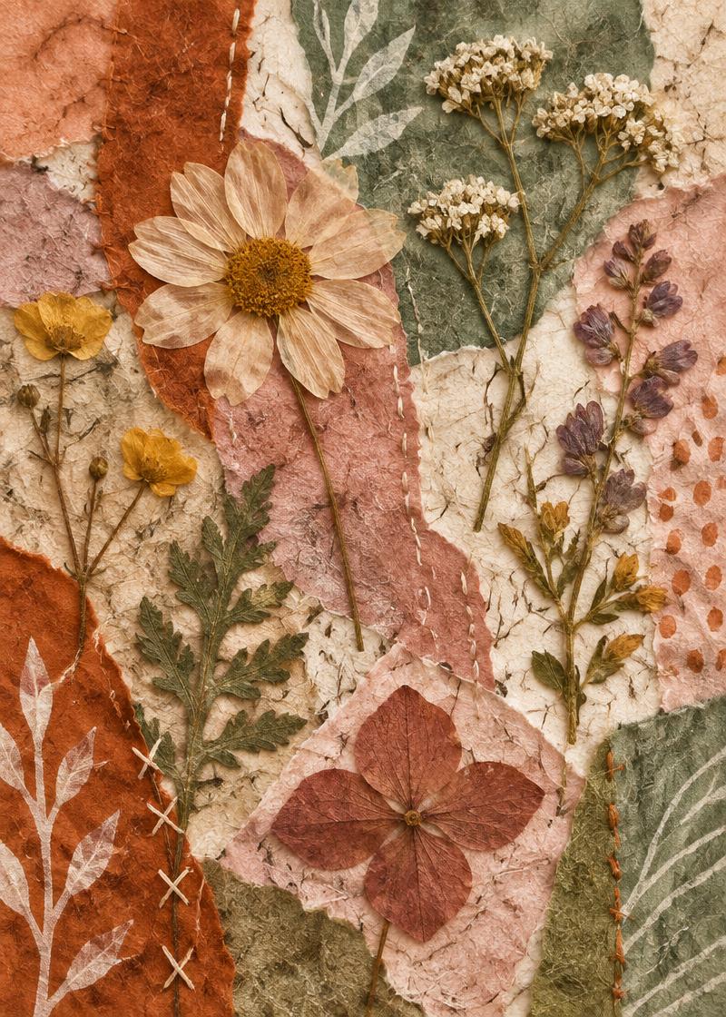 Pressed wildflowers arranged over stitched rust, rose, sage, and cream handmade paper